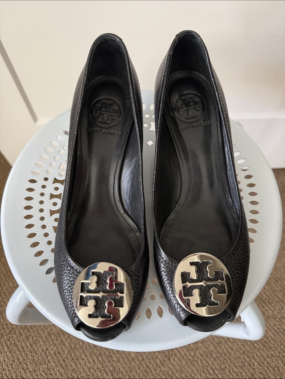 Tory Burch Black Pebbled Leather Logo Toe Flats with Gold Emblems